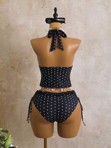 Swim Mod Women's 2-Piece Swimsuit Set For Summer, Black & White Polka Dot Print With Ruffle Trim, Cropped Top And Tie-Waist Bottoms - Black - View 2