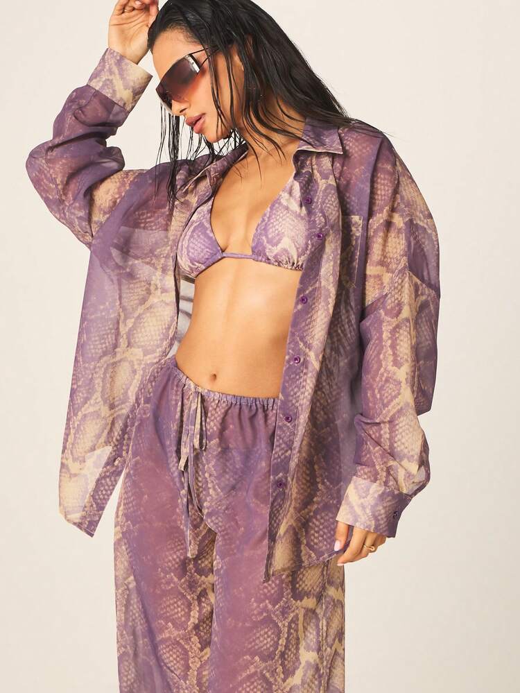 MISSGUIDED Purple Snake Print Beach Cover Up Wide Leg Palazzo Pants With Elastic Waist And Drawstring Detail Summer Resort Wear