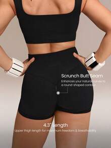 GLOWMODE Sujetador deportivo sin costuras ultrasuave con cuello cuadrado y copas desmontables, talla grande shorts con efecto levantador de glúteos de 4.3" para entrenamiento, running, gimnasio - Negro - Ver 4