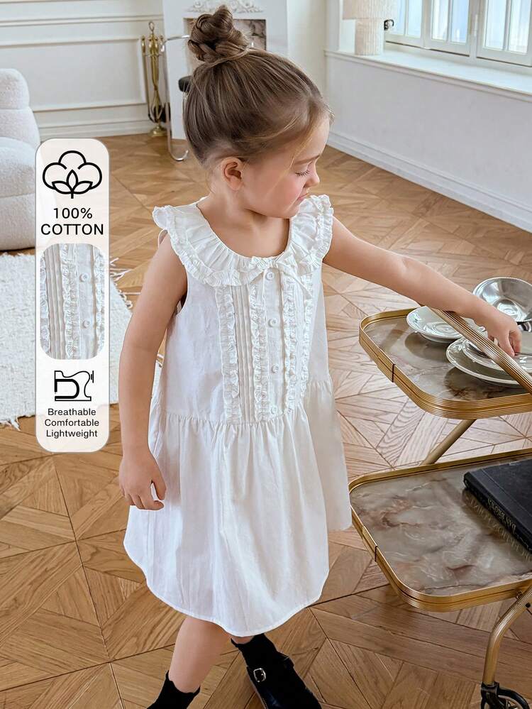 Young Girl Summer Casual Solid Color Ruffle Trim Round Neck Sleeveless Dress