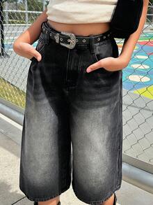 DAZY Teen Girls' Loose Fit Pocketed Wide Leg Cropped Denim Shorts - Black - View 5