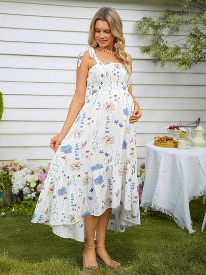 SHEIN 花卉印花褶皱优雅孕妇连衣裙，适合夏季各种场合和外出活动