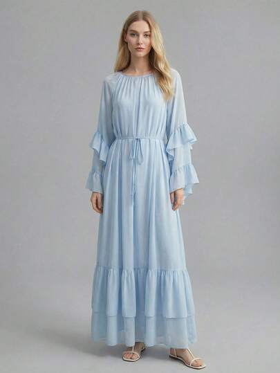 Ontre 2026SS New Arrival Spring/Summer Dress, Women's Mid-Length Ruffle Hem Woven Dress, Suitable For Wedding Guest, Holiday Celebration, Romantic Date, Ruffle Design, Blue Color, A-Line Silhouette, Suitable For Spring/Summer Office Wear, Casual Urban Chic, Minimalist Commuter Style, Comfortable Elegant Women's Dress