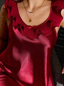 SilkySpell 酒红色加大码女士蕾丝边心形领露背性感修身缎面吊带睡裙 - 酒紅色 - 查看 2