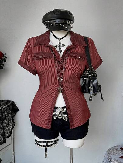 Sunspun 加大码条纹、波点和花卉印花口袋翻领短袖衬衫，夏季