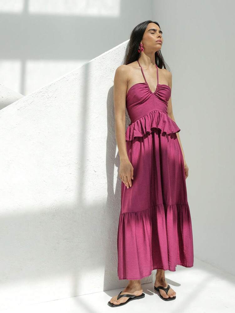 KSTM Women's Halter Neck Ruffle Tiered Maxi Dress With Smocked Back Summer Vacation Boho Festival Dress