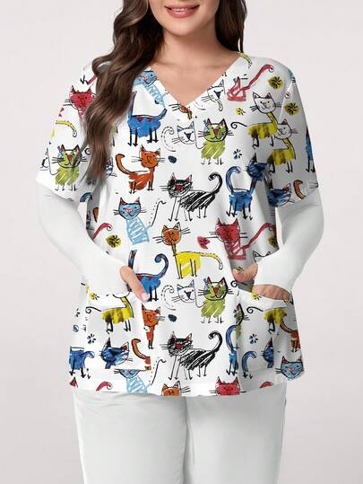 PopScrub Plus Size Summer Scrub Uniform Top, Colorful Line & Cartoon Cat Print Casual Nurse Scrub Uniform Top