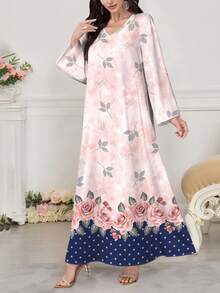 SHEIN Najma 玫瑰花卉波点印花V领长袖连衣裙，优雅阿拉伯风格服装，春夏款 - 彩色 - 查看 3