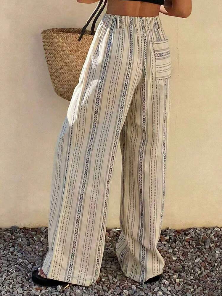 Vintage Striped Loose Wide Leg Pants With Belt, Elegant Resort Wear For Women, Spring/Autumn Boho