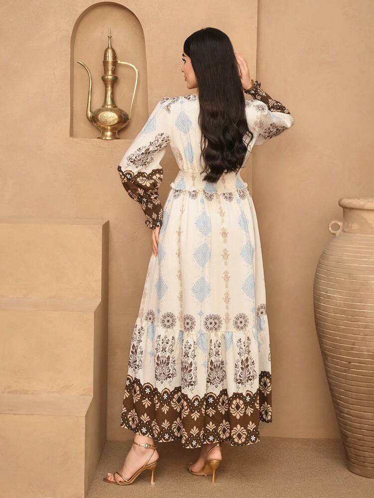 Print V-Neck Long Sleeve Shirred Cinched Waist Maxi Casual Vacation Dress For Women, Spring/Summer Sundress