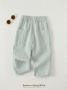 Cozy Pixies 男女童蓝白条纹松紧腰侧袋休闲裤，百搭舒适 - 薄荷綠 - 查看 4