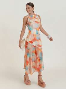 CielaLinda 女士印花蝴蝶结开衩无袖不对称长款连衣裙斜裁连衣裙浪漫度假连衣裙 - 彩色 - 查看 6