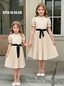 SHEIN 女童优雅杏色撞色荷叶边领荷叶边袖系带泡泡袖褶皱连衣裙 - 杏色 - 查看 9