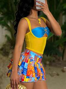 Slaydiva 春夏度假、海滨、优雅、浪漫、性感派对、约会、生日派对、休闲、优雅、游艇之旅。网眼T恤搭配撞色金属装饰抹胸上衣和多层荷叶边半裙。女士套装，三件套 - A - 彩色 - 查看 4