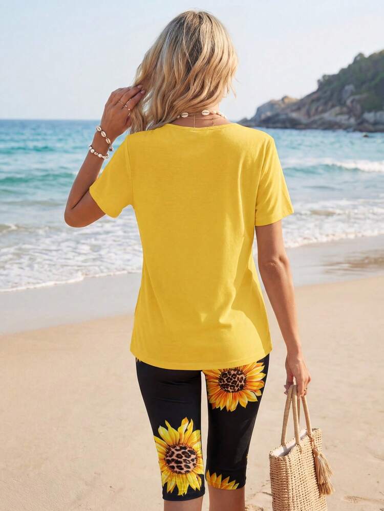 Women's Casual Two-Piece Outfit: Knitted Fabric Round Neck Short Sleeve Top And Sunflower Print Split Regular Length Leggings