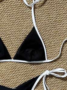 Swim Chiccia Women's Summer Beach Solid Color Spaghetti Strap Halter Triangle Bikini Top And Tie Side Swim Bottoms, Casual Vacation Style Swimsuit Set - Black - View 5