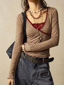 Bohemela Casual Solid Color V-Neck Long Sleeve Fitted Women T-Shirt - Khaki - View 7