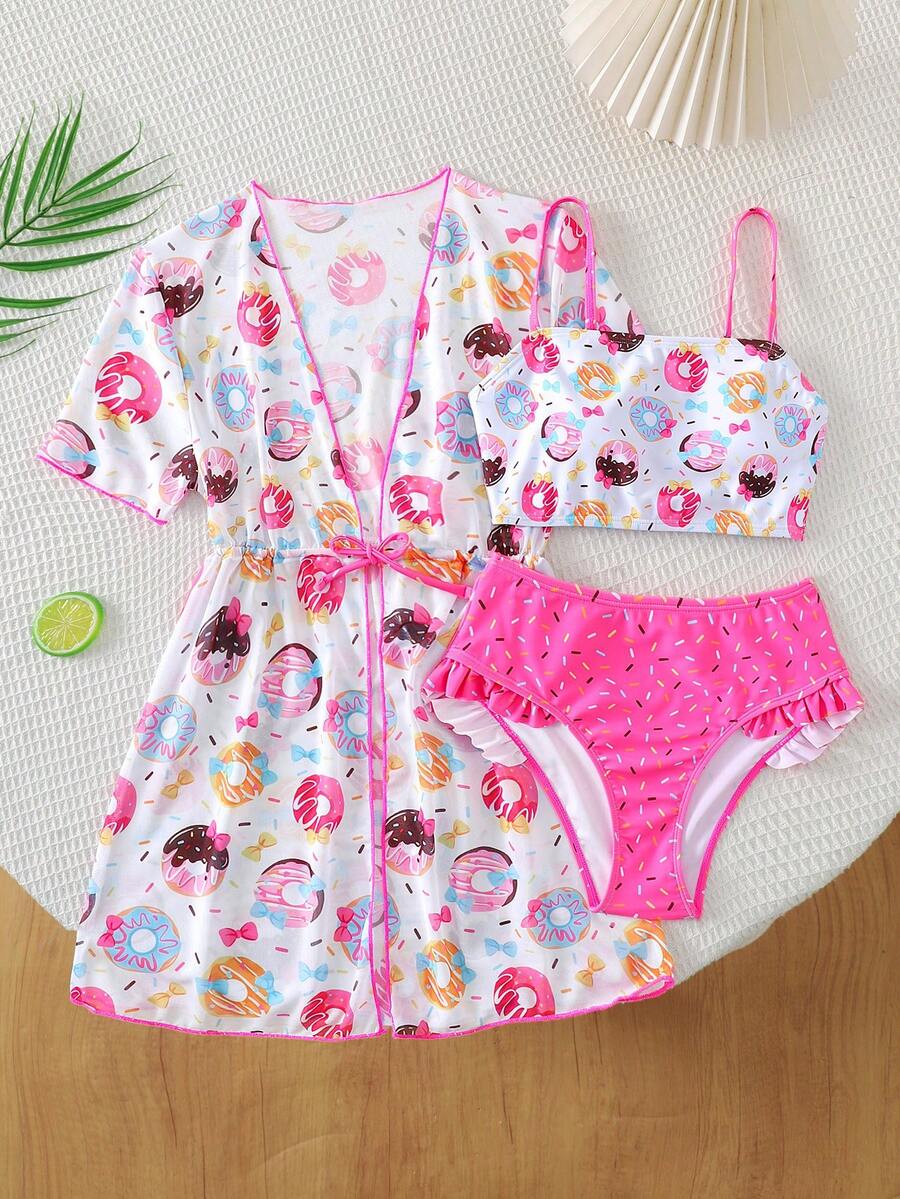 SHEIN 3件套女童泳衣套装，可爱卡通甜甜圈印花，时尚休闲优雅，适合游泳、度假、暑假及其他场合。 - 粉色 - 查看 1