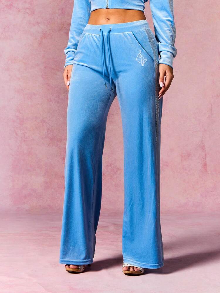BABYPHAT Women's Rhinestone Trim Velour Wide Leg Jogger Pants With Drawstring Waist And Side Pockets