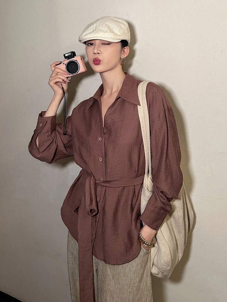 Women's Casual Solid Color Belt Shirt, Spring