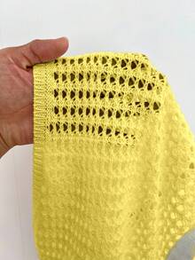 Sunnyshic Women's Plus Size Yellow Hollow Out Crochet 2 Pieces Set,Summer Beach Vacation Boat Neck Long Sleeve Semi-Sheer Micro Crop Top & Knit Shorts Outfits - Yellow - View 3