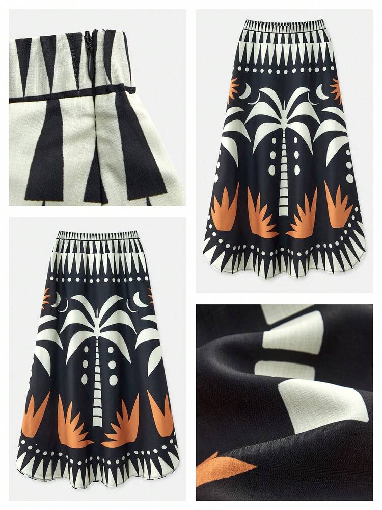 SHEIN Maija Skirts Women's Black Coconut Tree Vacation Style Print High Waist Casual Vacation Skirt For Spring/Summer Relaxing On The Beach Going Out Vacation Healing Commuting Style Comfy Soft Power Palm Tree Skirt Graphic Palm Tree Skirt Women Summer