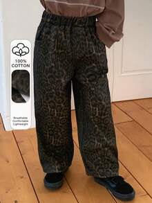 DAZY Young Boys Elastic Waist Leopard Print Casual Loose Straight Leg Jeans - Brown - View 1