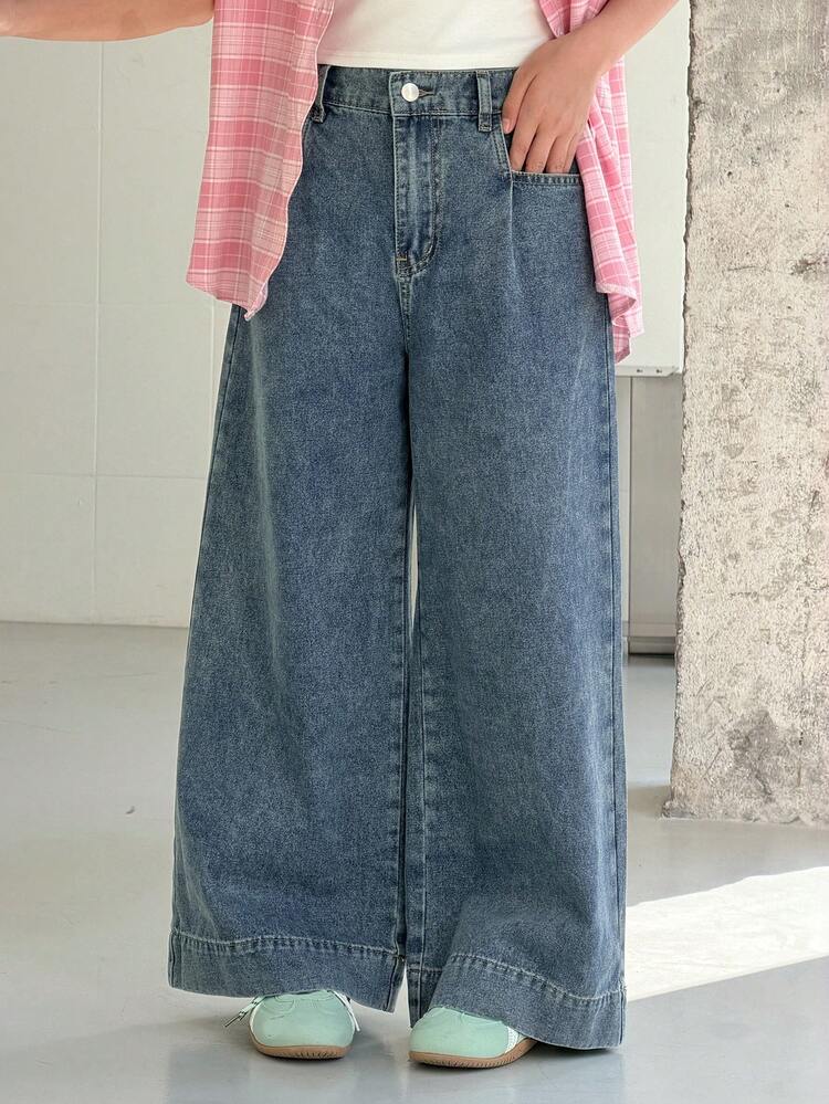 Tween Girls' Letter Embroidered Pocket Wide Leg Loose Casual Jeans