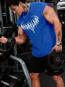 GymBeat Men's Gothic Style Printed Sleeveless Workout Tank Top - Blue - View 3