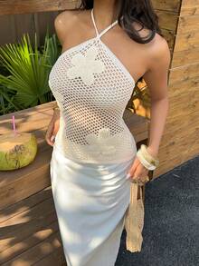 Sunnyshic Women's Spring/Summer Floral Pattern Halter Neck Tie Hollow Out Knit Top - Beige - View 4