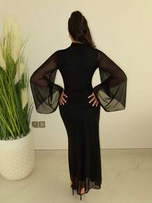 MDEdit 女士宽松薄纱连衣裙，配有系带腰带和飘逸袖子 - 黑色 - 查看 2