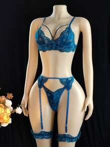 4pcs Women Intimates Set: Wireless Bra, G-String, Garter Belt, And 1 Pair Leg Rings For Going Out - Teal Blue - View 6