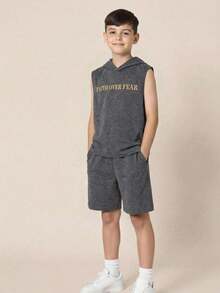 2pcs/Set Tween Boys Casual Korean Style Letter Print Hooded Short Sleeve Sweatshirt And Solid Color Shorts Set,Kids - Grey - View 6