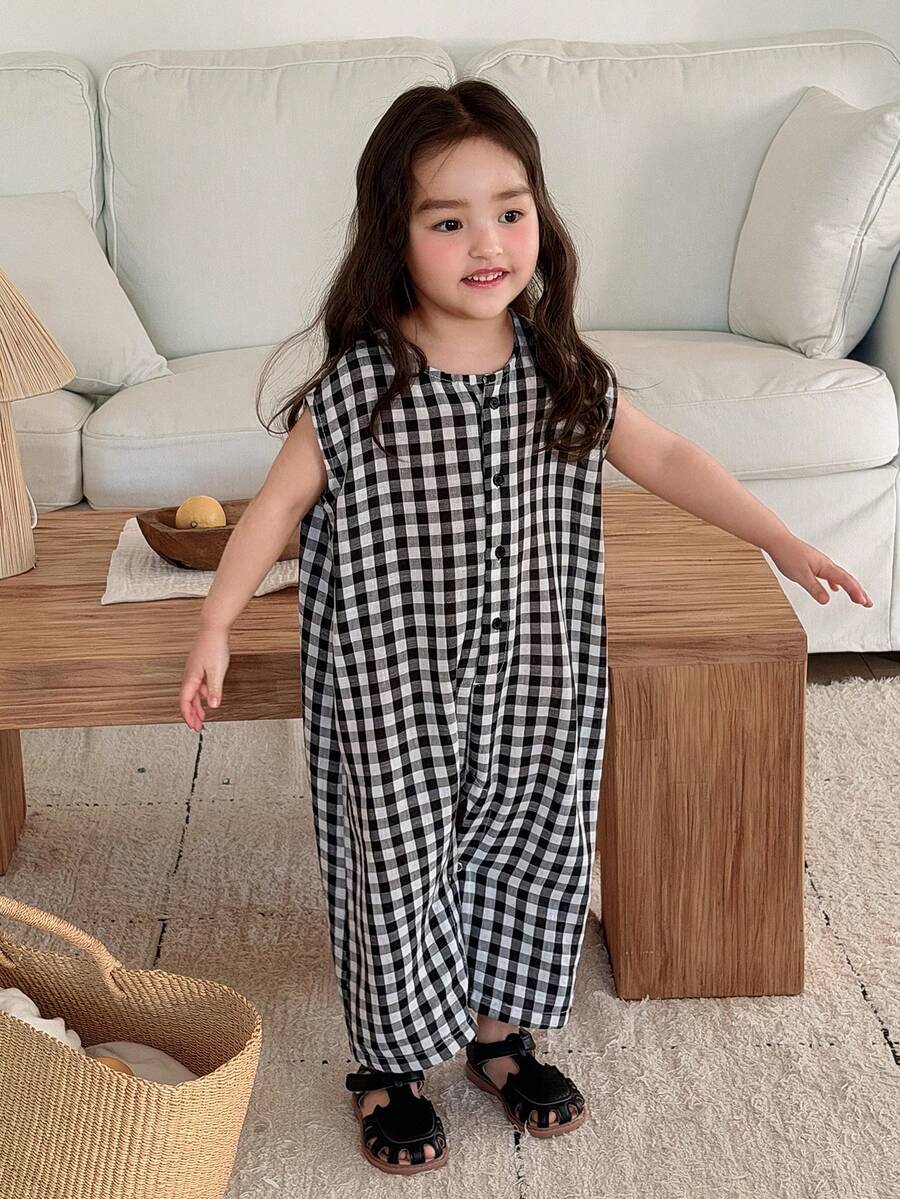 DAZY 女婴格子亚麻无袖连体衣，韩版宽松连体衣夏季女童服装 - 黑與白 - 查看 1