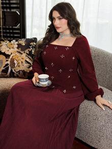 Modelyn Elegant Solid Color Diamond Decor Collared Long Sleeve Fitted Top And Solid Color Pleated Skirt Plus Size 2-Piece Set - Burgundy - View 6