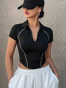 Camiseta deportiva casual de verano para mujer con cuello Mao, manga corta, ajustada y corta con cremallera hasta la mitad - Negro 3 - Ver 2