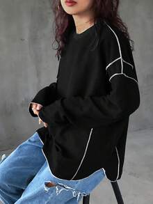 FRIFUL Women's Casual Contrast Stitching T-Shirt, Spring/Autumn - Black - View 6