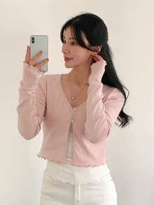 DAZY 女士V领修身系带T恤开衫 - 杏色 - 查看 3