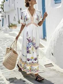 Louniche 女士休闲度假风碎花V领泡泡袖收腰A字长裙 - 彩色 - 查看 3