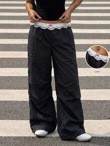 MainGRL SHEIN 青春休闲美式运动活力低腰撞色蕾丝腰宽松及地长裤，春夏女装，休闲女装 - 黑色 - 查看 5