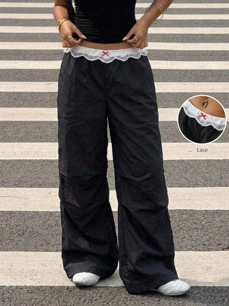 MainGRL SHEIN 青春休闲美式运动活力低腰撞色蕾丝腰宽松及地长裤，春夏女装，休闲女装 - 黑色 - 查看 1