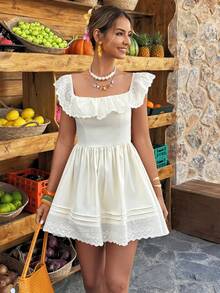 Selianne 1 pieza Vestido de línea A con cintura ceñida, con bordado y ribete de encaje, elegante para citas y vacaciones - Amarillo claro - Ver 4