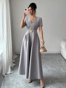 Elenzga Đầm nữ cổ chữ V tay ngắn thanh lịch, thích hợp cho đi làm và mặc hàng ngày. - Xám - Xem 1