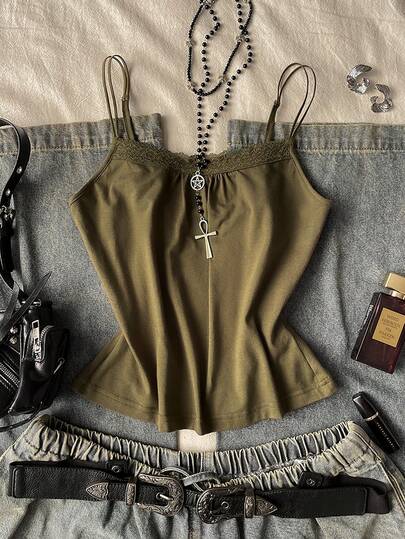 Attitoon Women's Casual Vintage Lace Patchwork Camisole, Army Green Vest, Y2K Style