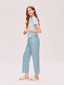 LUVLETTE Summer Lsland Style Soft Cotton Blue Vacation Romantic Pleats Short-Sleeve Basic Crew Neck Top & Printed Pants Loungewear Airy Pajama Set Vacation Pants With Pockets Pants With Pockets Women Lingerie As Outerwear,Spring And Summer Pyjama Capri Two Piece Set - Baby Blue - View 7