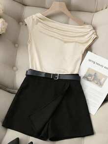 GlowEve Women's Casual Versatile Oblique Shoulder Top Paired With Shorts, Spring/Autumn 2-Piece Set, Women's Casual Suit Pants, Back To School Season, Women's Back To School Outfit - Multicolor - View 3