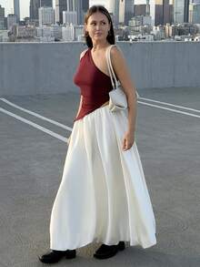 Kuleshova 女士纯色褶皱简约 A 字裙，休闲日常穿着 - 米色 - 查看 5