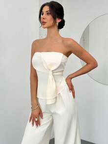 Firerie 女士优雅浪漫约会/婚礼季/日常度假两件套，杏色无肩带修身上衣，饰有超大蝴蝶结，搭配阔腿裤 - 杏色 - 查看 9