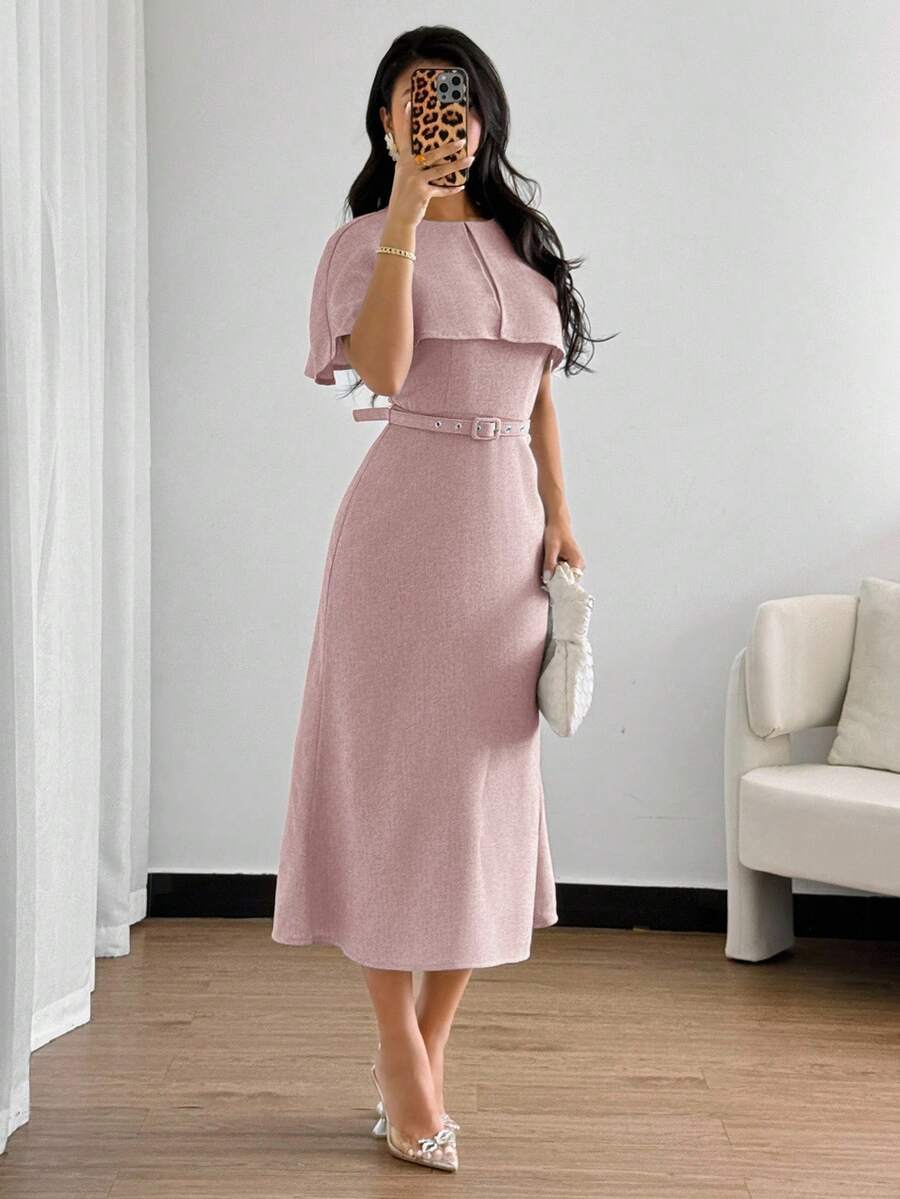 Feyla 女士优雅系带中长连衣裙，适合通勤和夏季穿着 - 藕粉色 - 查看 1