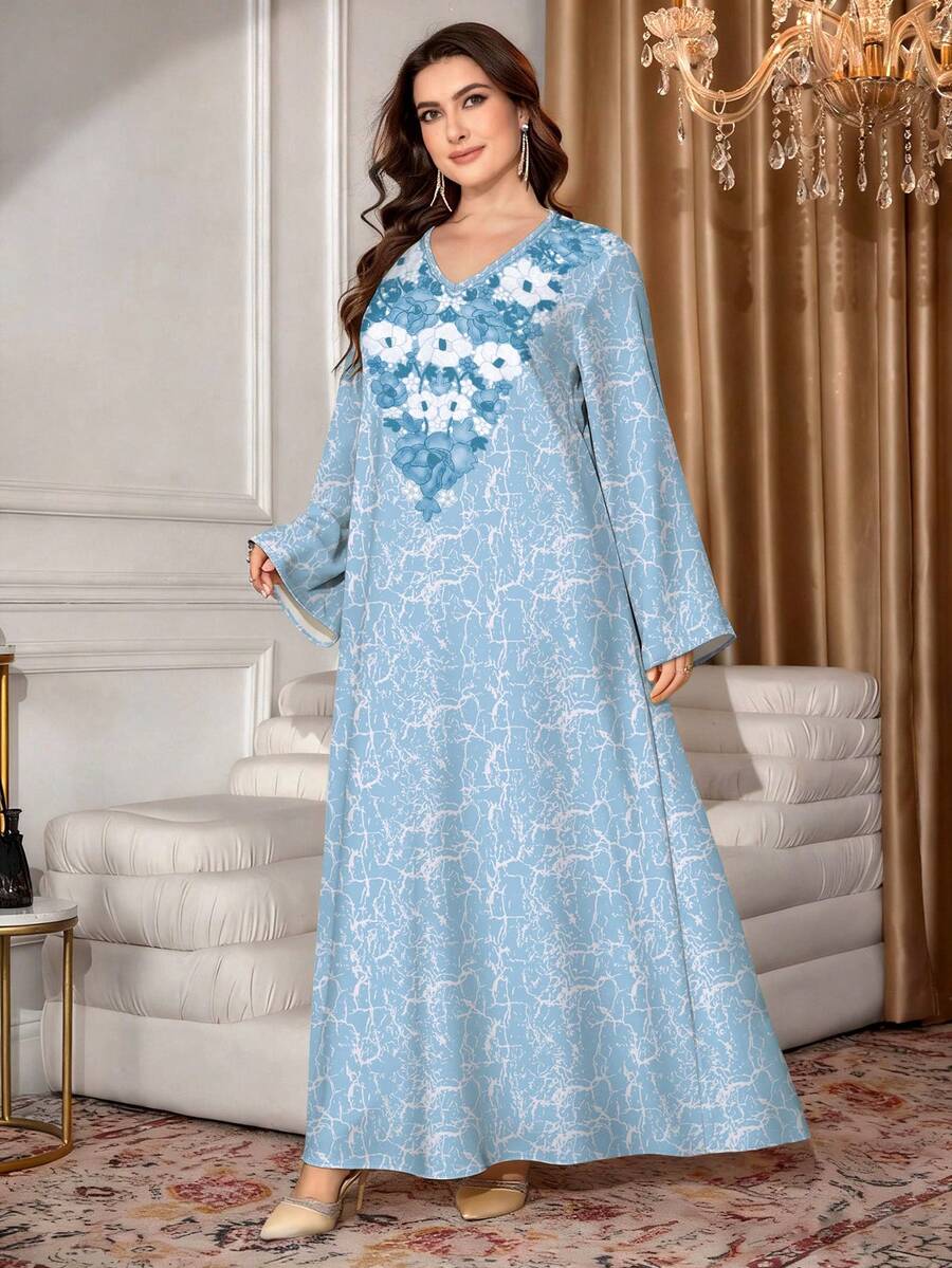 SHEIN Najma 大码女式花卉做旧质感数码印花浅蓝色V领长袖连衣裙,优雅阿拉伯风格时尚连衣裙,春夏款 - 彩色 - 查看 1